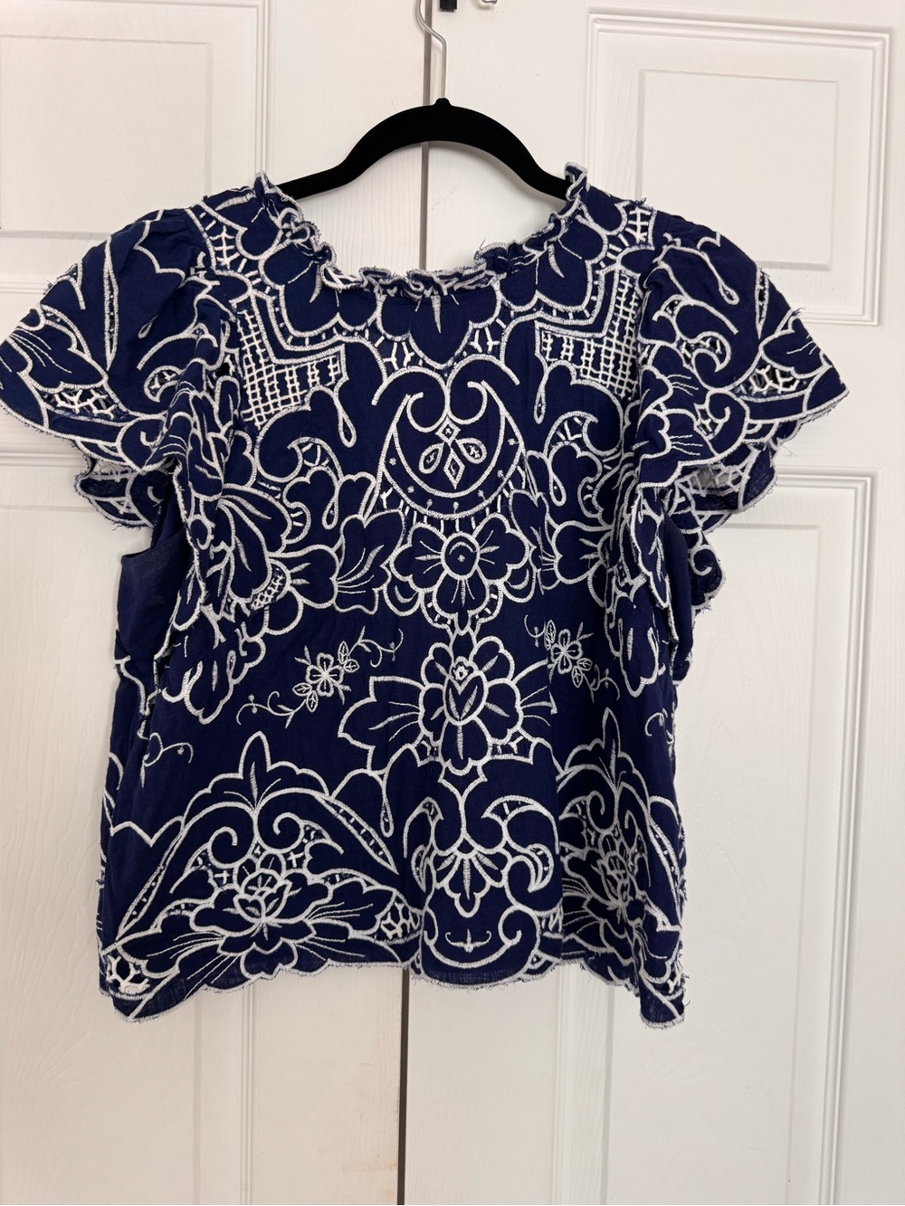 Anthropologie Navy Blue Floral Embroidered Ruffle-Sleeve Top